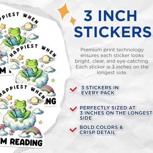 (3 Pack) Reading Frog Decals - Happiest When Reading - Book Lover Stickers - 3 Inches On Longest Side - Easy Peel & Apply - Made in USA - 3MCS6377