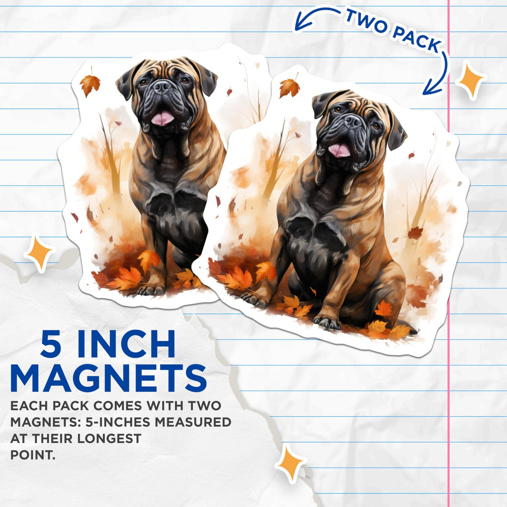 (2 Pack) Bullmastiff Dog Magnets - Autumn Fall Decor - Pet Lover Refrigerator Decor - 5 Inches On Longest Side - Thick Durable Magnet - Made in USA - MAG27700