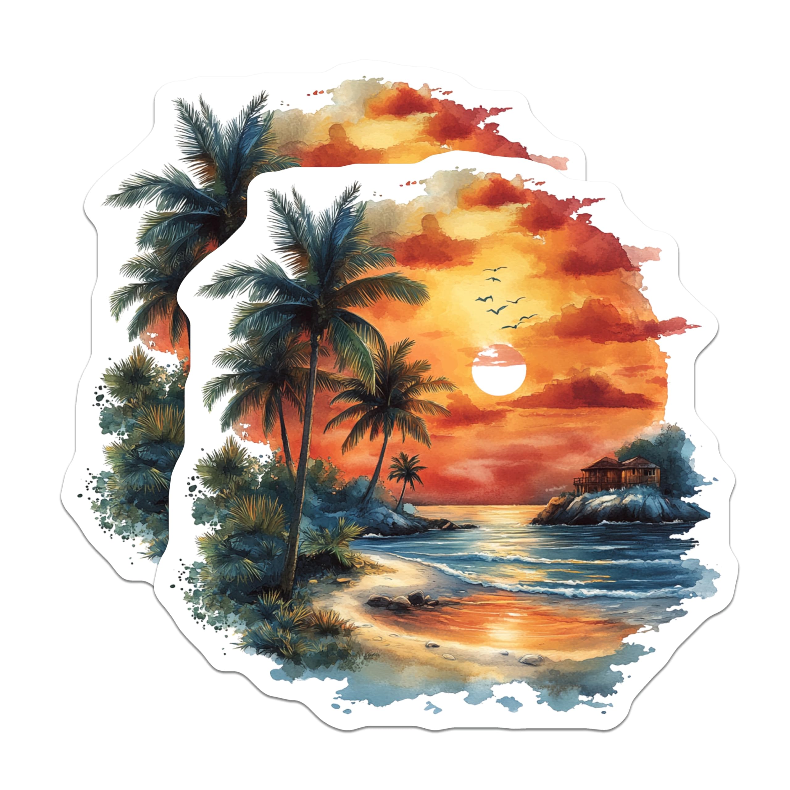 (2 Pack) Tropical Sunset Magnets - Coastal Beach Decor - Watercolor Island Art - 5 Inches On Longest Side - Thick Durable Magnet - Made in USA - MAG29034