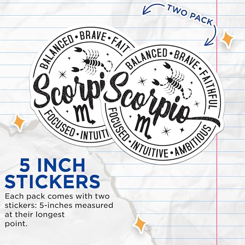 (2 Pack) Scorpio Zodiac Sticker - Astrological Sign Sticker - Scorpio Horoscope Decal - Motivational Zodiac Sign Stickers - 5" On Longest Side - Sticks to Smooth Flat Surfaces - Made in USA - BMCS5296