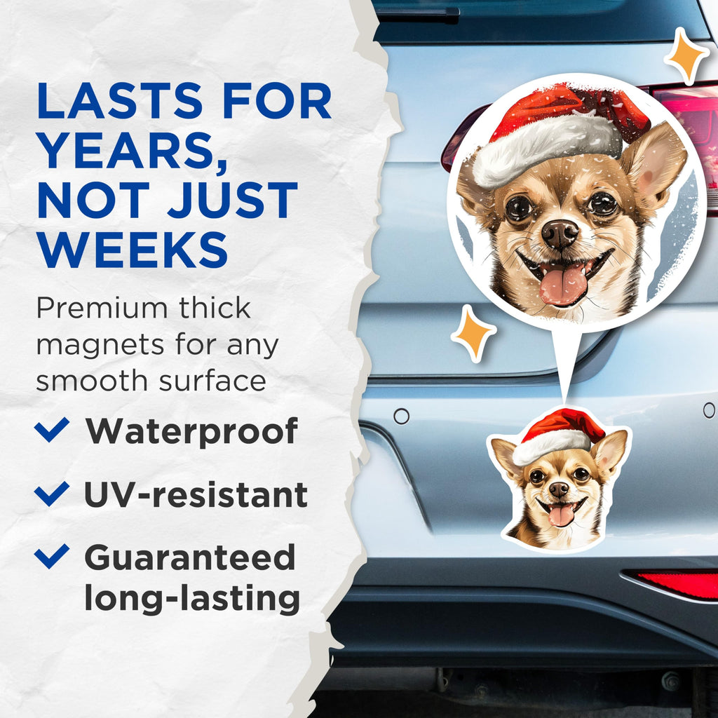 (2 Pack) Chihuahua Christmas Magnets - Santa Hat Dog Decor - Festive Pet Refrigerator Art - 5 Inches On Longest Side - Thick Durable Magnet - Made in USA - MAG28943