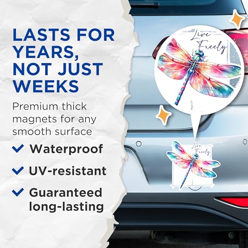 (2 Pack) Dragonfly Quote Magnets - Live Freely Magnets - Colorful Dragonfly Magnets for Art Lovers- 5" On Longest Side - for Fridges, Toolboxes, Cars - Made in USA - MAG2678