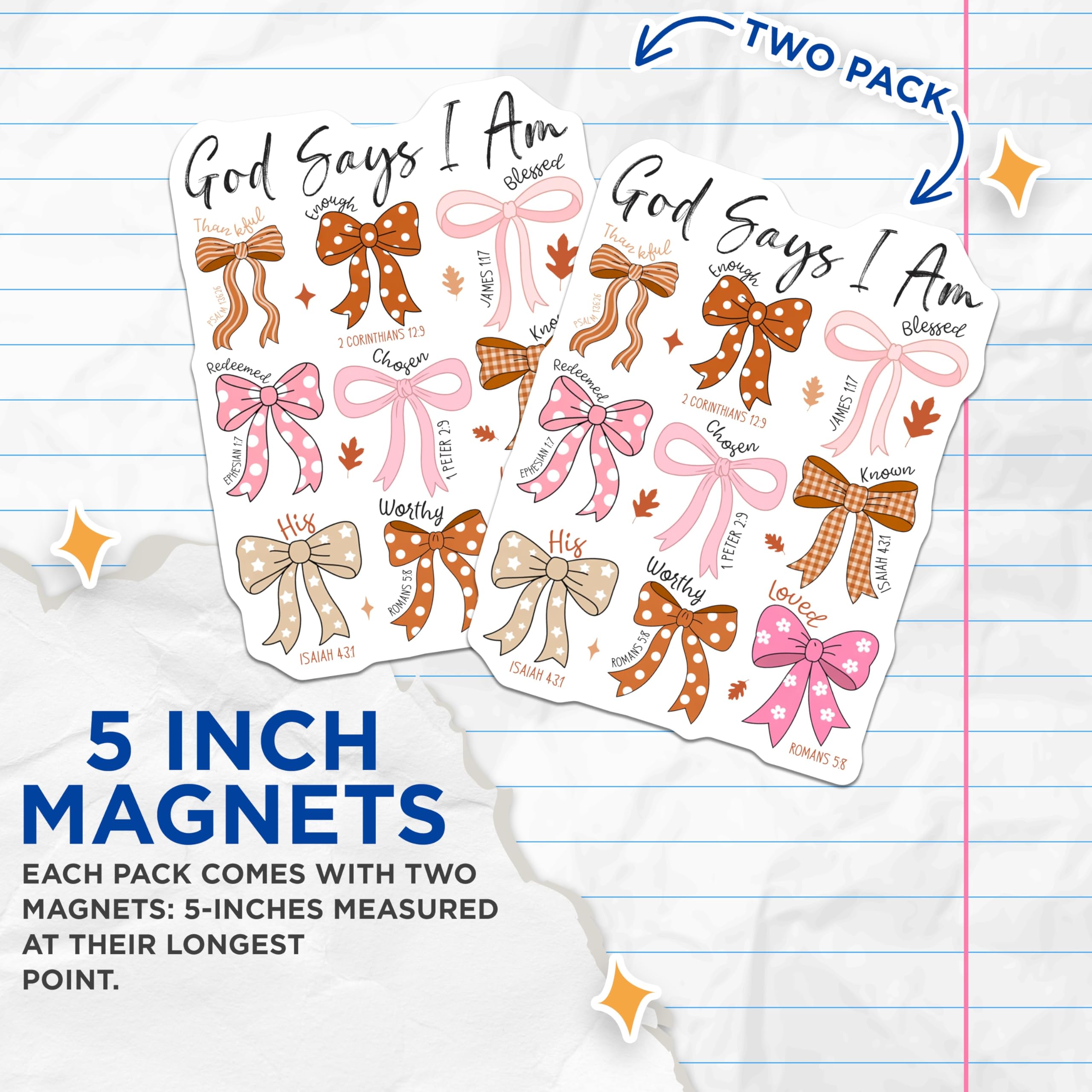 (2 Pack) God Says I Am Magnets - Christian Affirmation Decor - Bible Verse Inspirational Bows - Religious Fridge Message - 5 Inches On Longest Side - Thick Durable Magnet - Made in USA - MAG30777
