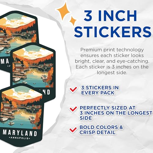 (3 Pack) Annapolis Maryland Decals - Maryland State - Travel Souvenir Decals - 3 Inches On Longest Side - Easy Peel & Apply - Made in USA - 3MCS0361
