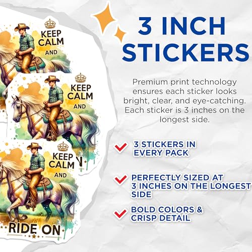 (3 Pack) Cowboy Horse Decals - Keep Calm Ride On - Western Decals- 3 Inches On Longest Side - Easy Peel & Apply - Made in USA - 3MCS5428