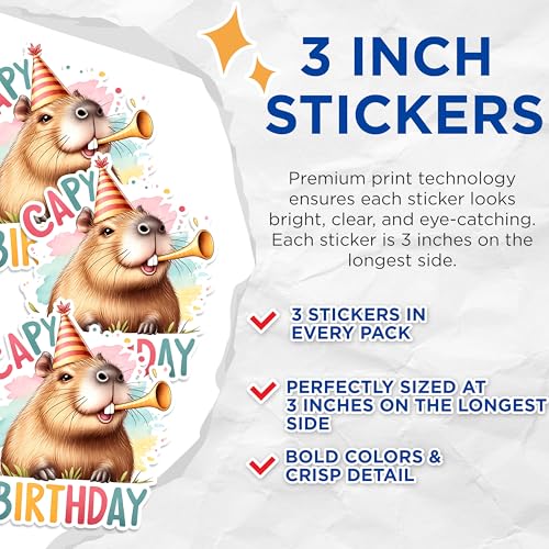 (3 Pack) Capybara Birthday Decals - Party Animal Stickers - Funny Laptop Decals - 3 Inches On Longest Side - Easy Peel & Apply - Made in USA - 3MCS1500