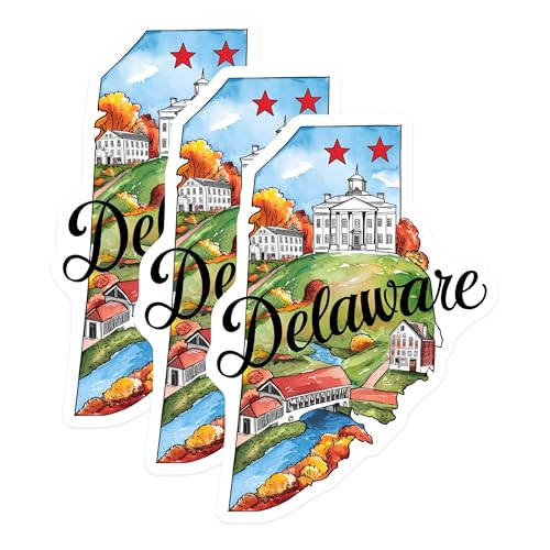 (3 Pack) Delaware State Decals - Watercolor Map - Dover Buildings- 3 Inches On Longest Side - Easy Peel & Apply - Made in USA - 3MCS5050