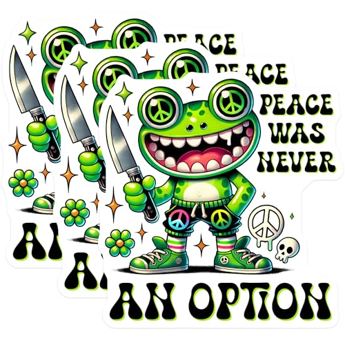 (3 Pack) Peace was Never Option Decals - Funny Frog Decal - Retro Aesthetic Decals - 3 Inches On Longest Side - Easy Peel & Apply - Made in USA - 3MCS6370