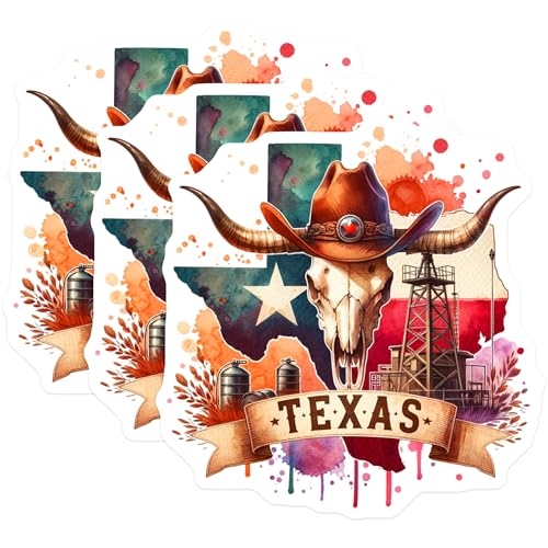 (3 Pack) Texas Skull Decals - Cowboy Hat Decal - Lone Star State Decal- 3 Inches On Longest Side - Easy Peel & Apply - Made in USA - 3MCS5181
