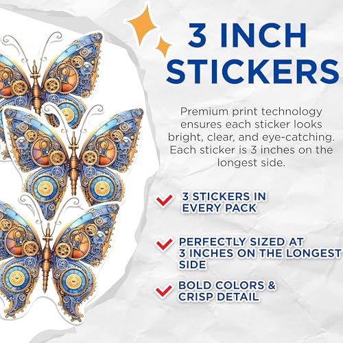 (3 Pack) Steampunk Butterfly Decals - Gearwork Insect Decals - Mechanical Butterfly - 3 Inches On Longest Side - Easy Peel & Apply - Made in USA - 3MCS1198