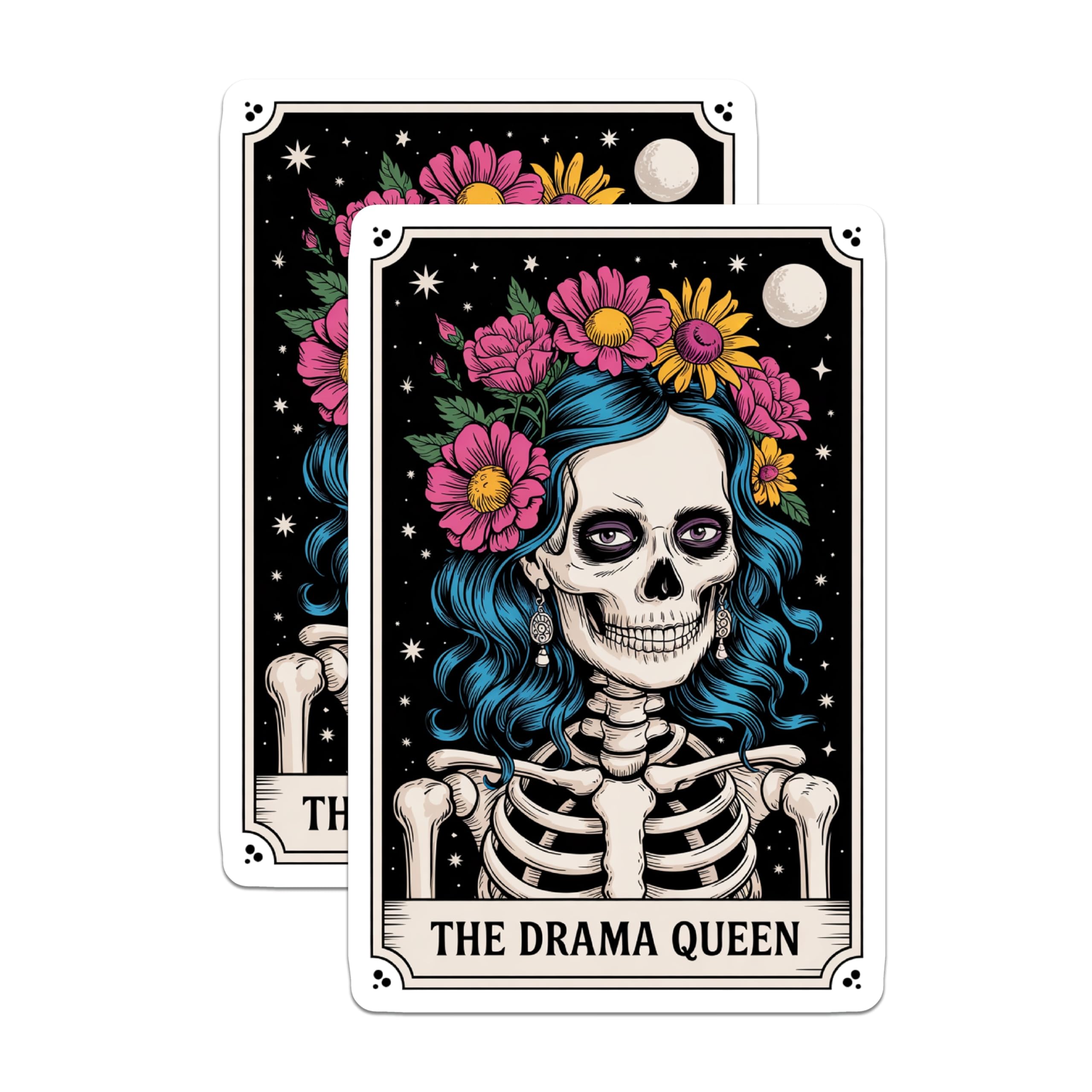 (2 Pack) Drama Queen Skeleton Magnets - Floral Blue Hair Day of the Dead - Gothic Tarot Card Art Fridge Decor - 5 Inches On Longest Side - Thick Durable Magnet - Made in USA - MAG20965