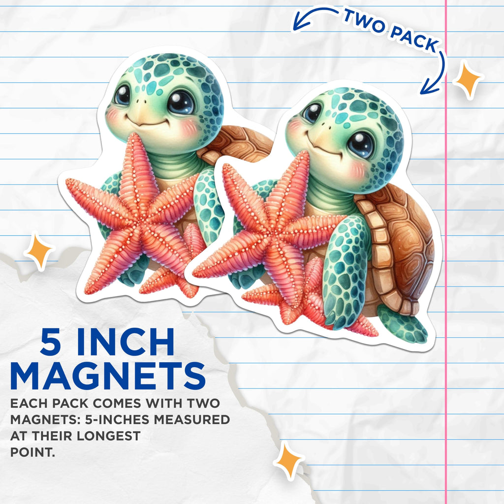 (2 Pack) Adorable Baby Sea Turtle Magnets - Cute Starfish Marine Life Decor - Ocean Themed Fridge Locker Accessories - 5 Inches On Longest Side - Thick Durable Magnet - Made in USA - MAG20857