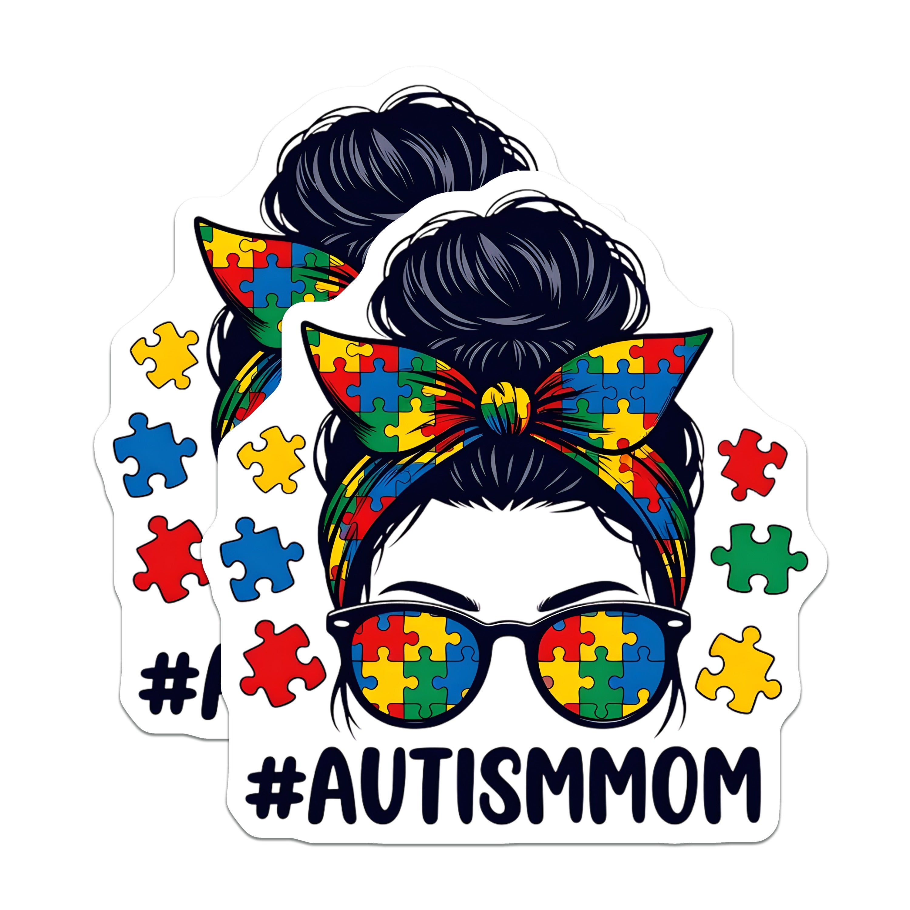 (2 Pack) Autism Mom Magnets - Messy Bun Mama Style - Puzzle Piece Awareness Decor for Refrigerator and Locker - 5 Inches On Longest Side - Thick Durable Magnet - Made in USA - MAG38533