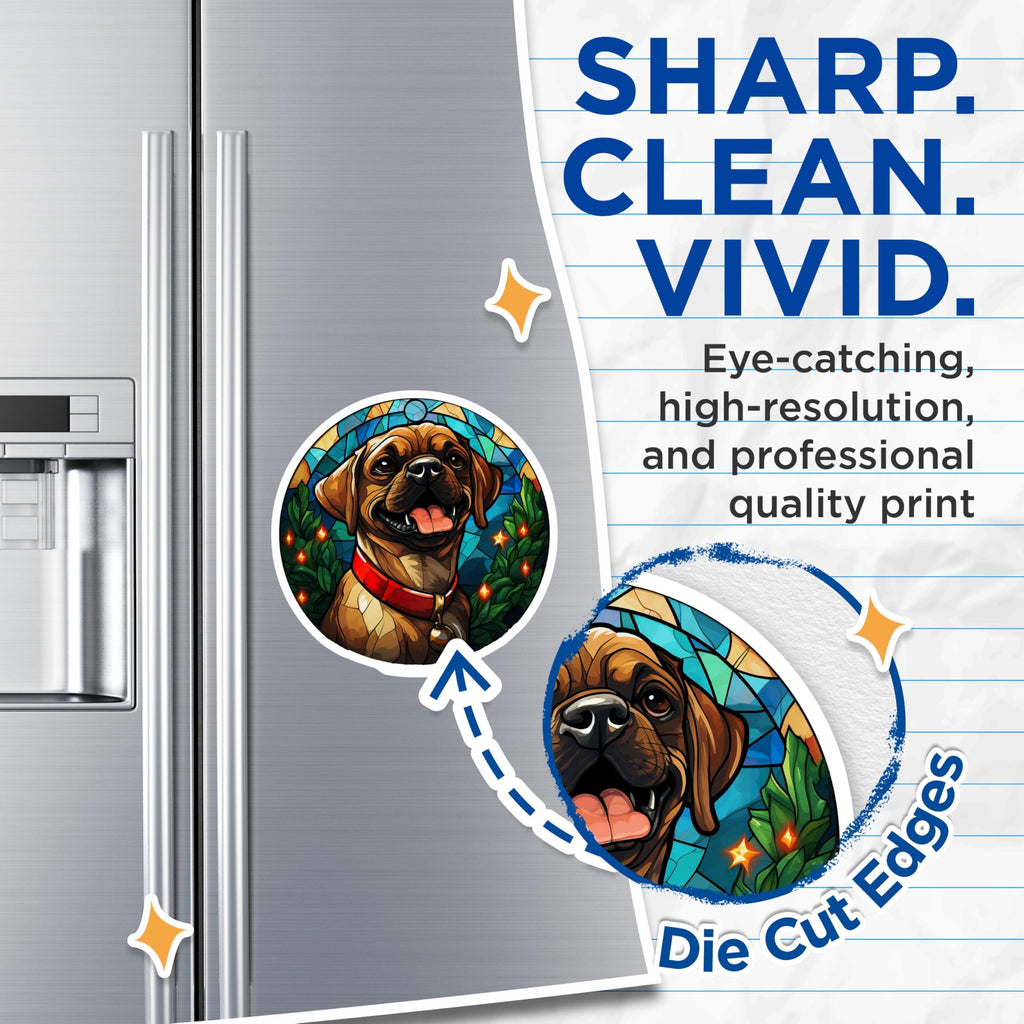 (2 Pack) Stained Glass Puppy Magnets - Happy Christmas Dog Art - Festive Holiday Pet Fridge Locker Display Accent for Home - 5 Inches On Longest Side - Thick Durable Magnet - Made in USA - MAG24750