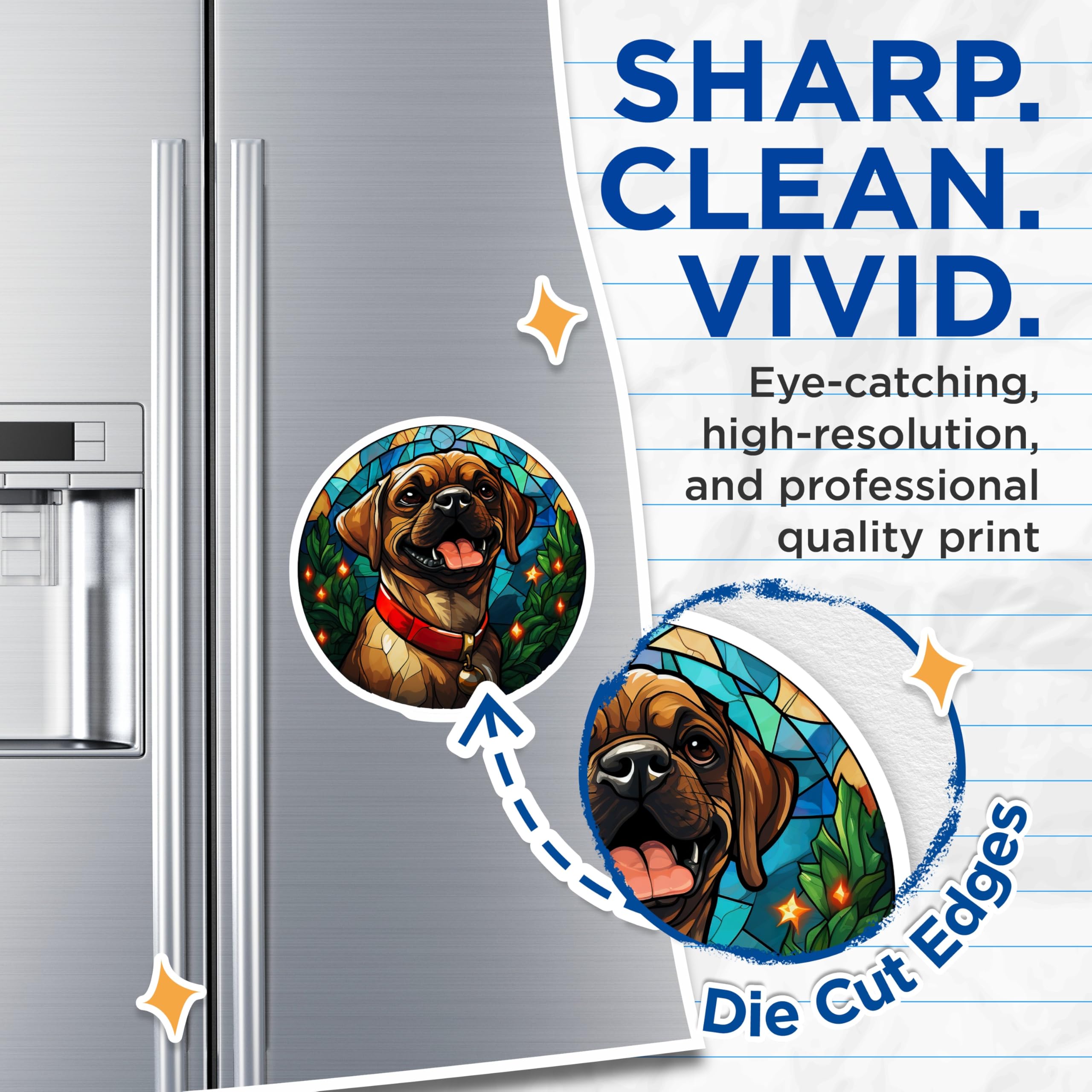 (2 Pack) Stained Glass Puppy Magnets - Happy Christmas Dog Art - Festive Holiday Pet Fridge Locker Display Accent for Home - 5 Inches On Longest Side - Thick Durable Magnet - Made in USA - MAG24750