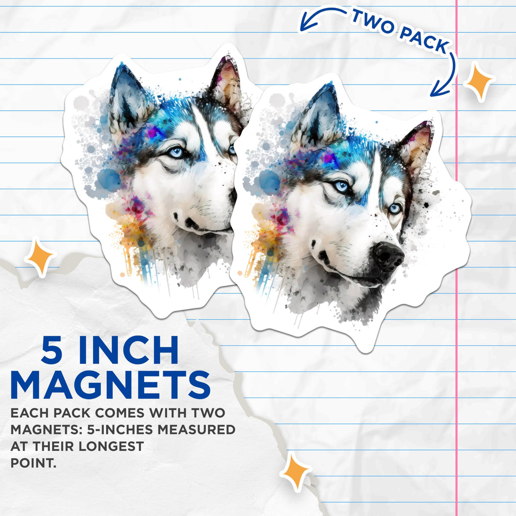 (2 Pack) Husky Dog Magnets - Watercolor Dog Art - Blue Eyed Pet Refrigerator Accent - 5 Inches On Longest Side - Thick Durable Magnet - Made in USA - MAG25033