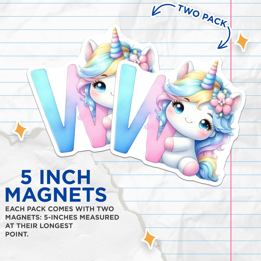 (2 Pack) Unicorn Initial W Magnets - Cute Letter Magnet - Fridge Decor Unicorns - 5" On Longest Side - Premium Magnet - for Cars, Refrigerators, Toolboxes, Lockers - Made in USA - MAG14313
