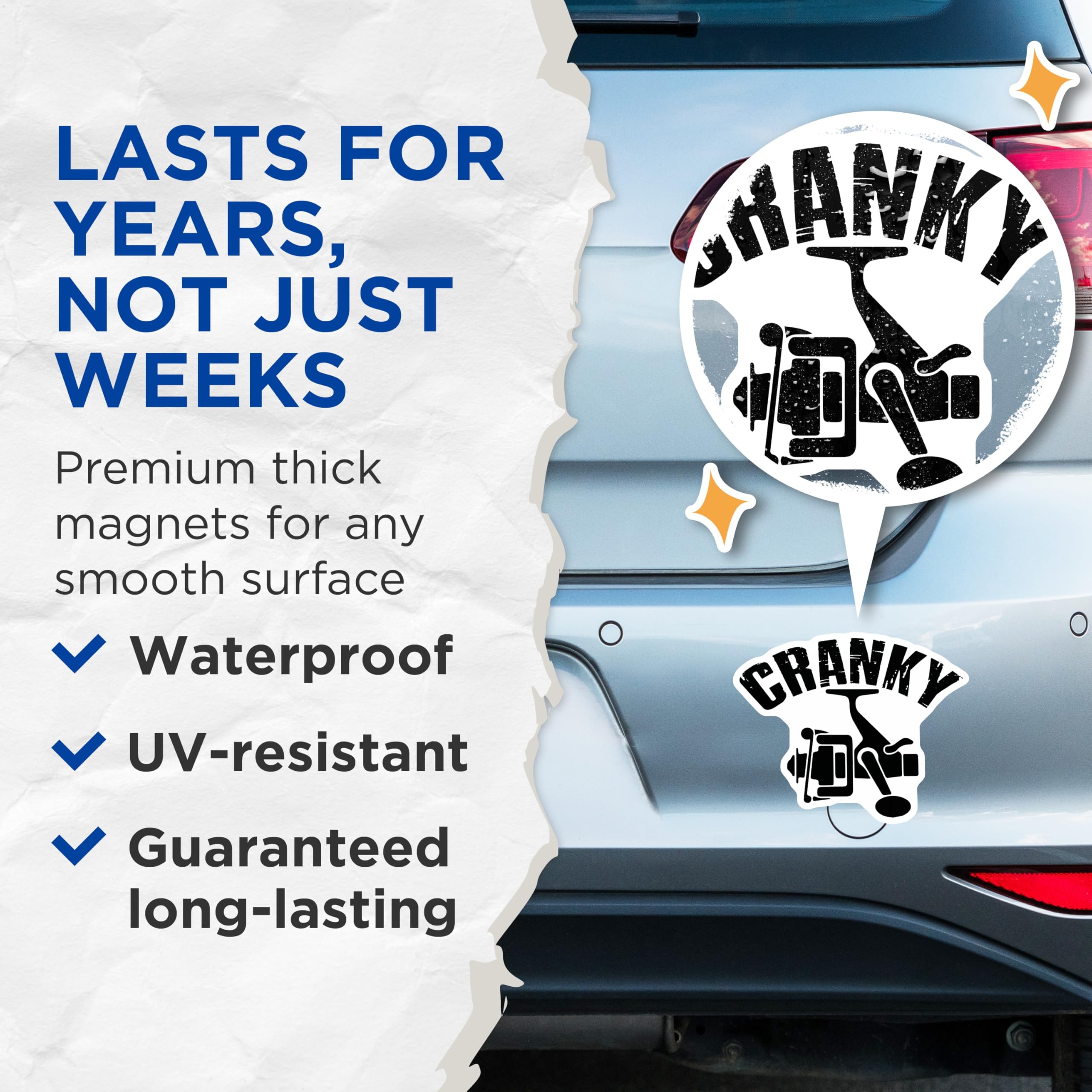 (2 Pack) Fishing Reel Magnets - Cranky Angler Decor - Fishing Enthusiast Magnet - 5" On Longest Side - Premium Magnet - for Cars, Refrigerators, Toolboxes, Lockers - Made in USA - MAG17133