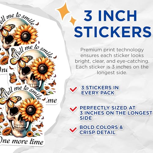 (3 Pack) Skull Sunflower Decals - Butterfly Laptop Stickers - Floral Skull Decal Set - 3 Inches On Longest Side - Easy Peel & Apply - Made in USA - 3MCS6147