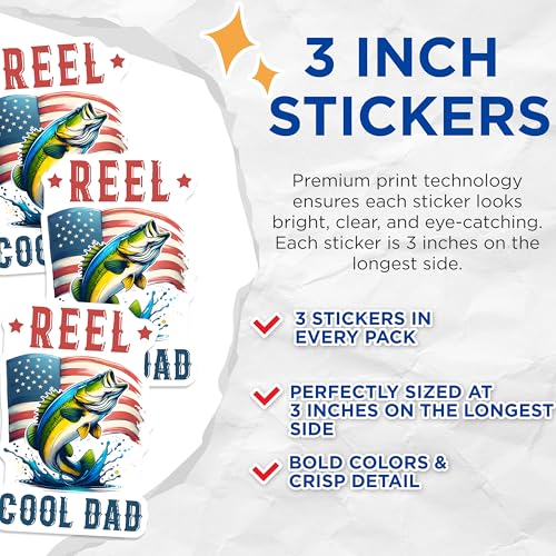 (3 Pack) Bass Fishing Decals - Reel Cool Dad - American Flag Decal - 3 Inches On Longest Side - Easy Peel & Apply - Made in USA - 3MCS2011