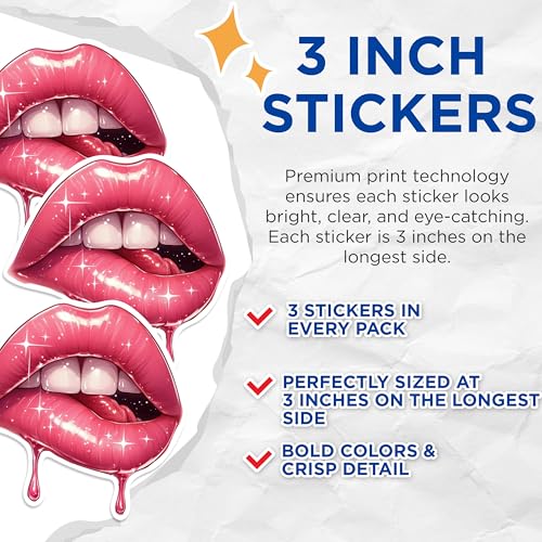 (3 Pack) Sexy Lips Decals - Pink Glossy Lips - Erotic Lip Art - 3 Inches On Longest Side - Easy Peel & Apply - Made in USA - 3MCS0589