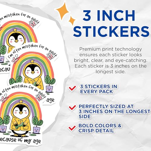 (3 Pack) Funny Penguin Decals - Cute Cartoon Decals - Laptop Decor - 3 Inches On Longest Side - Easy Peel & Apply - Made in USA - 3MCS2085