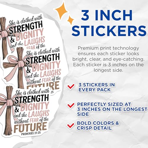 (3 Pack) Proverbs 31 25 Decals - Bible Verse Sticker - Strength Dignity Future - Laptop Decal - 3 Inches On Longest Side - Easy Peel & Apply - Made in USA - 3MCS2213