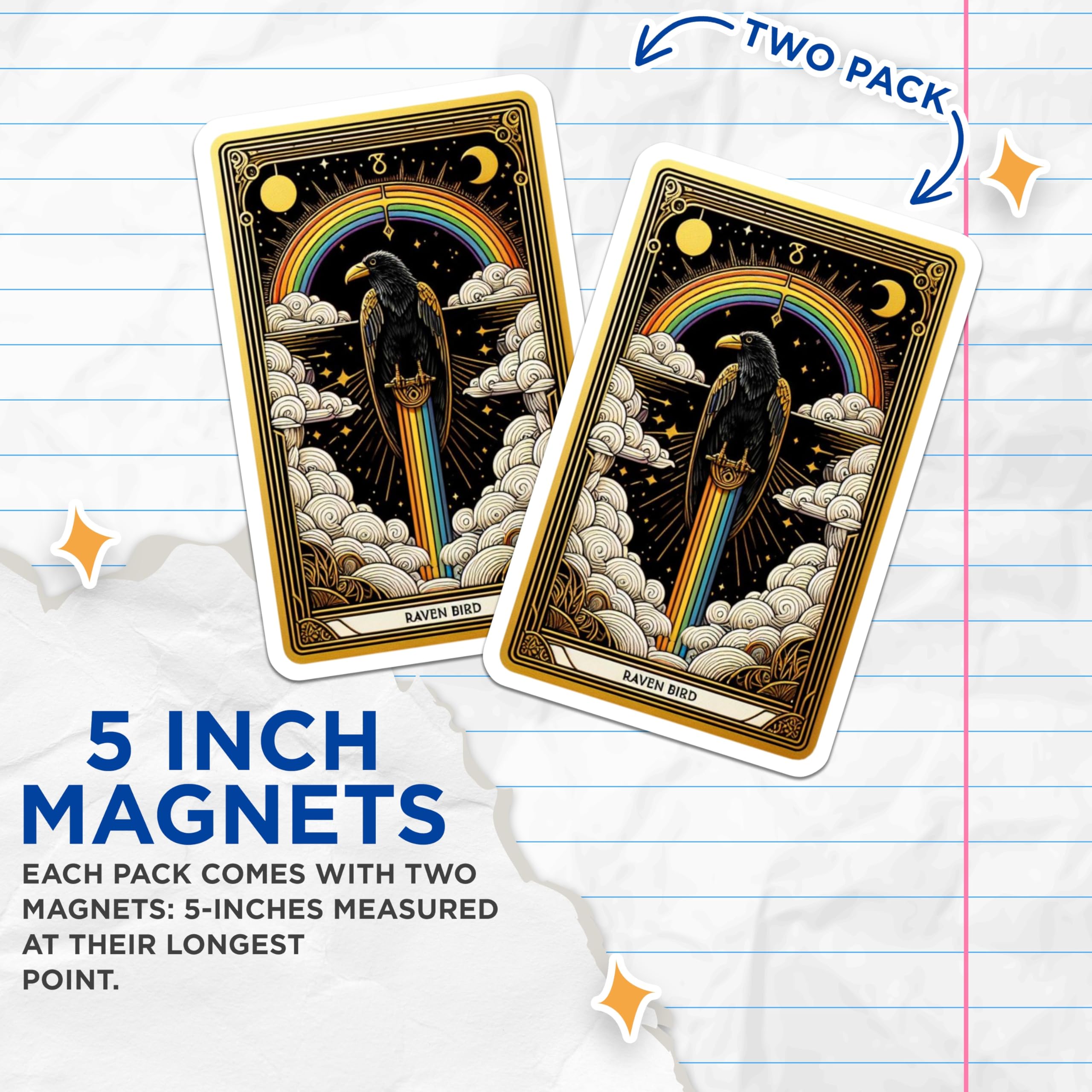 (2 Pack) Raven Bird Magnets - Mystical Art Deco Tarot - Celestial Rainbow Fridge Accents - 5 Inches On Longest Side - Thick Durable Magnet - Made in USA - MAG20889