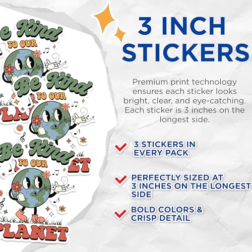 (3 Pack) Be Kind Planet Decals - Earth Cartoon - Laptop Decals - 3 Inches On Longest Side - Easy Peel & Apply - Made in USA - 3MCS1644