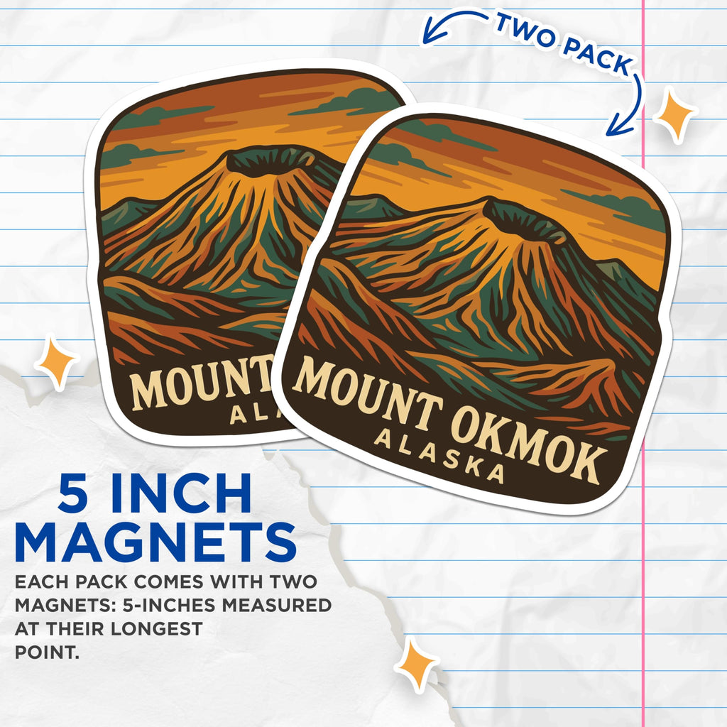 (2 Pack) Mount Okmok Alaska Magnets - Stratovolcano Scenic Landscape Decor - Aleutian Islands Wilderness Souvenirs - 5 Inches On Longest Side - Thick Durable Magnet - Made in USA - MAG20154