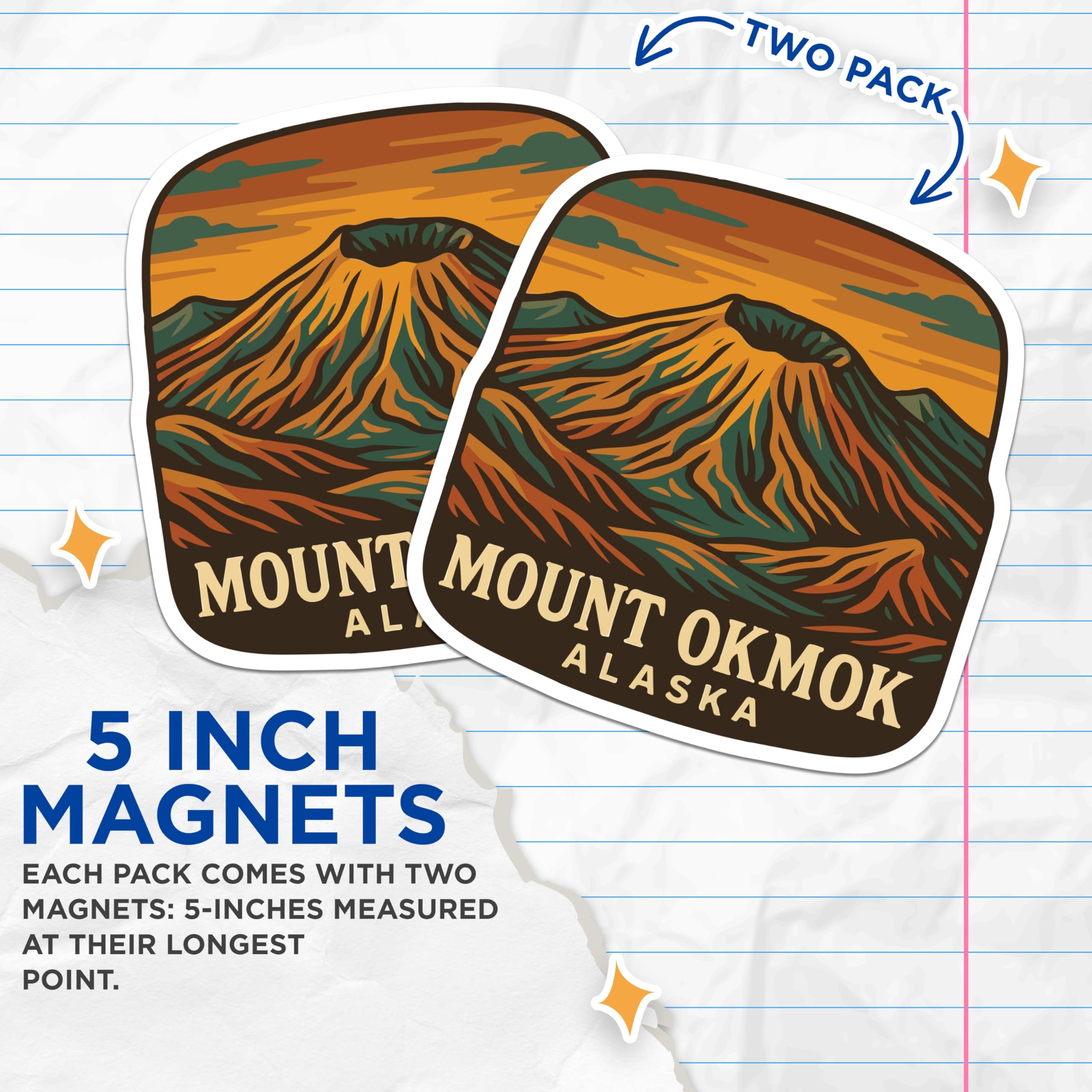 (2 Pack) Mount Okmok Alaska Magnets - Stratovolcano Scenic Landscape Decor - Aleutian Islands Wilderness Souvenirs - 5 Inches On Longest Side - Thick Durable Magnet - Made in USA - MAG20154