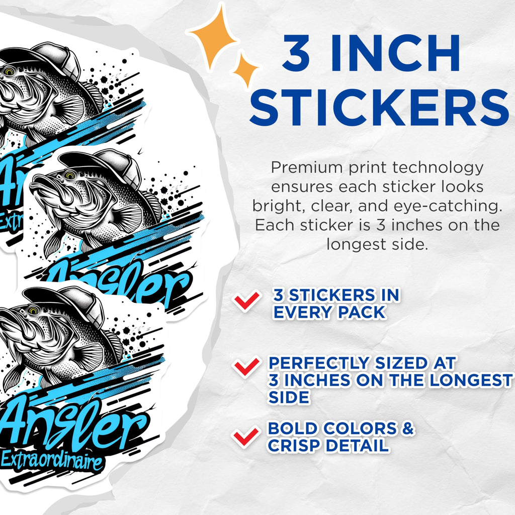 (3 Pack) Bass Angler Decals - Extraordinary Fisherman - Laptop Fishing Decal - 3 Inches On Longest Side - Easy Peel & Apply - Made in USA - 3MCS2129