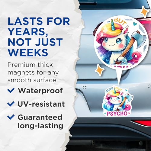 (2 Pack) Cute But Psycho Magnets - Funny Unicorn Decor - Kawaii Axolotl - Cute and Crazy - Quirky - 5" On Longest Side - for Cars, Refrigerators, Toolboxes, Lockers - Made in USA BMCS3335