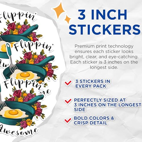 (3 Pack) Flippin Awesome Decals - Funny Cooking Decals - Chef Laptop Decals - 3 Inches On Longest Side - Easy Peel & Apply - Made in USA - 3MCS1704