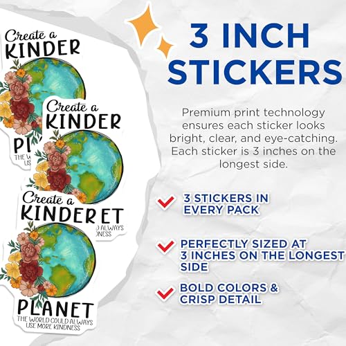 (3 Pack) Kinder Planet Decals - Floral Earth Decal - Inspirational Quote Decal - 3 Inches On Longest Side - Easy Peel & Apply - Made in USA - 3MCS2949