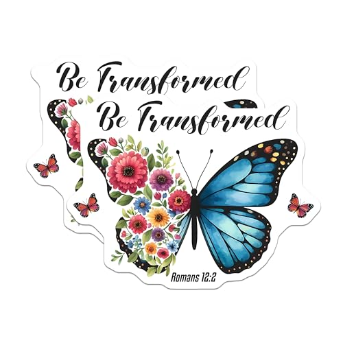 (2 Pack) Be Transformed Butterfly Flower Stickers - Inspirational Quote Stickers - Romans 12 2 Stickers - 5" On Longest Side - Sticks to Smooth Flat Surfaces - Made in USA - BMCS9633