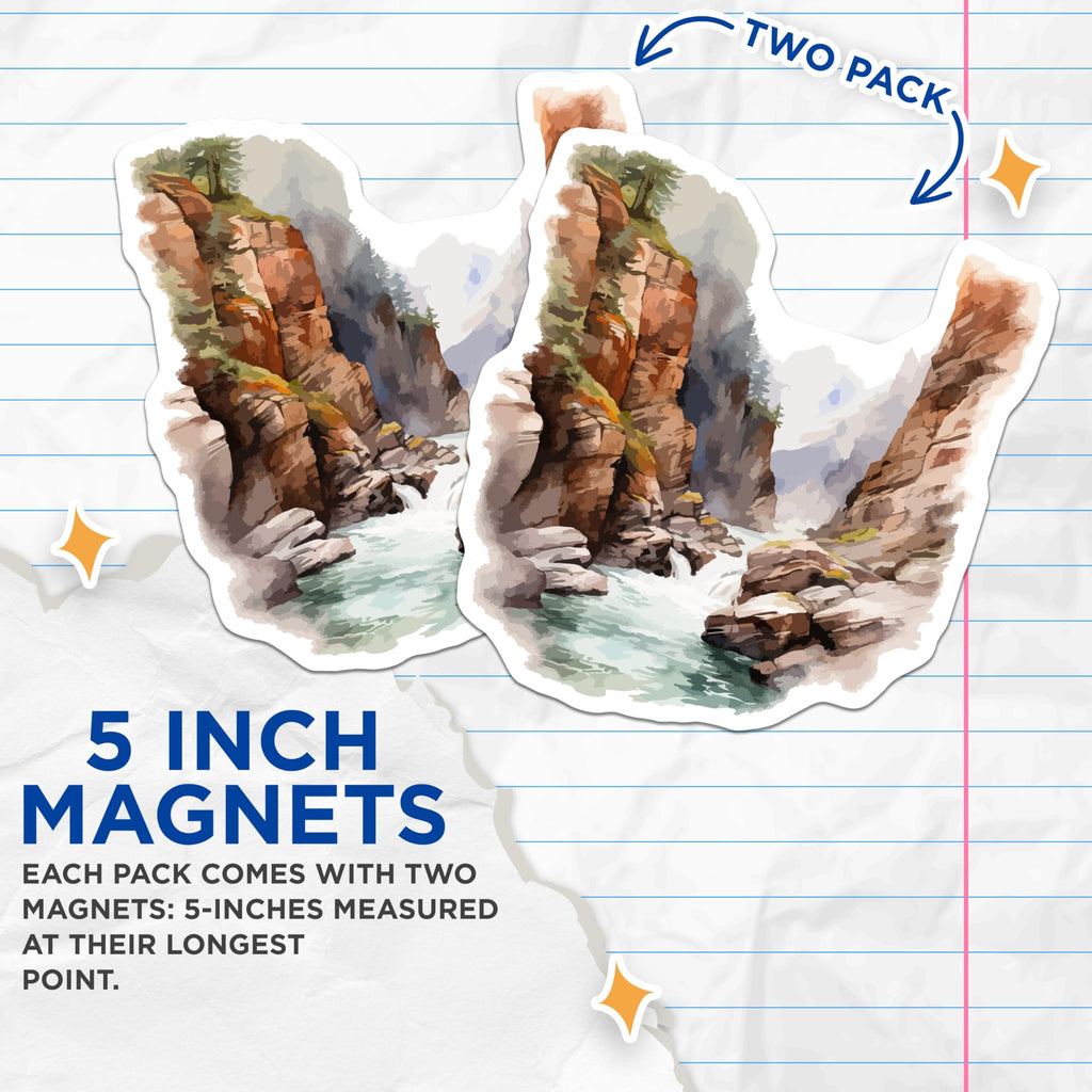(2 Pack) Canyon River Magnets - Mountain Landscape Art - Wilderness Adventure Scene - Nature Watercolor Decor - 5 Inches On Longest Side - Thick Durable Magnet - Made in USA - MAG19908