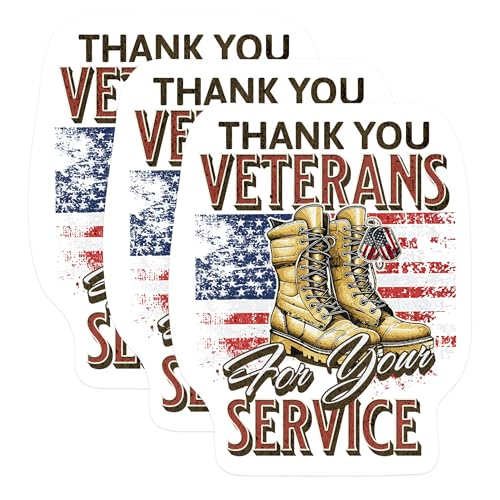 (3 Pack) Veteran Decals - Thank You Veterans - Military Boots - American Flag Decals - 3 Inches On Longest Side - Easy Peel & Apply - Made in USA - 3MCS1067