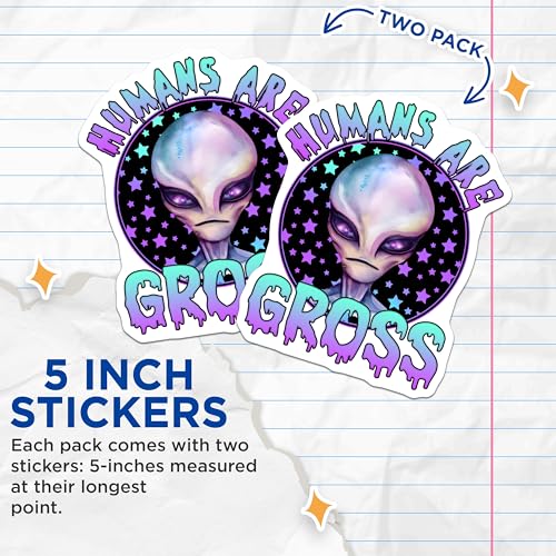 (2 Pack) Alien Head Stickers - Humans are Gross - Space Alien Humor Decal for Laptops and Water Bottles - 5" On Longest Side - Sticks to Smooth Flat Surfaces - Made in USA - BMCS7763