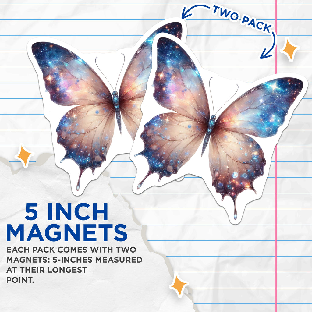 (2 Pack) Galaxy Butterfly Magnets - Celestial Space Decor - Starry Sky Refrigerator Organizer - 5 Inches On Longest Side - Thick Durable Magnet - Made in USA - MAG36989
