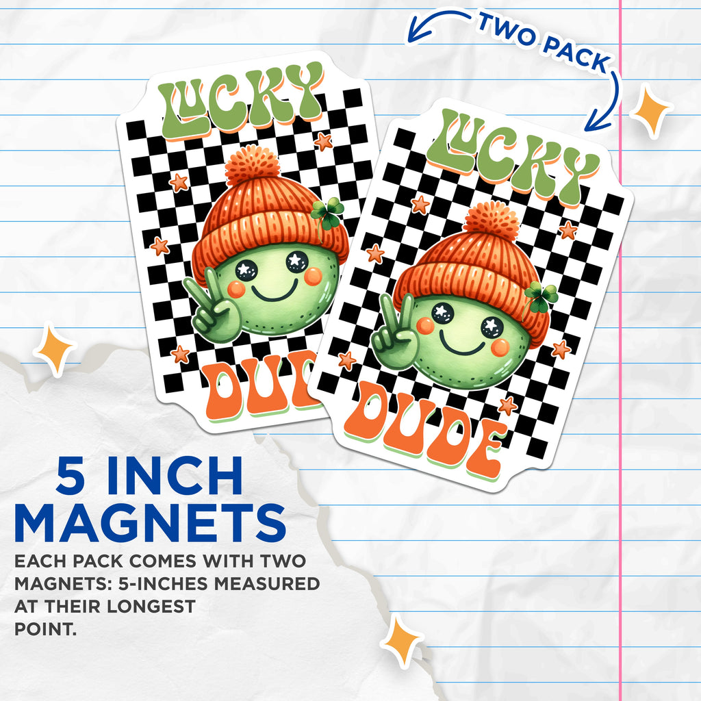 (2 Pack) Lucky Dude Magnets - St Patricks Day Decor - Groovy Peace Sign Magnet - Retro Smiley Face - 5 Inches On Longest Side - Thick Durable Magnet - Made in USA - MAG36425