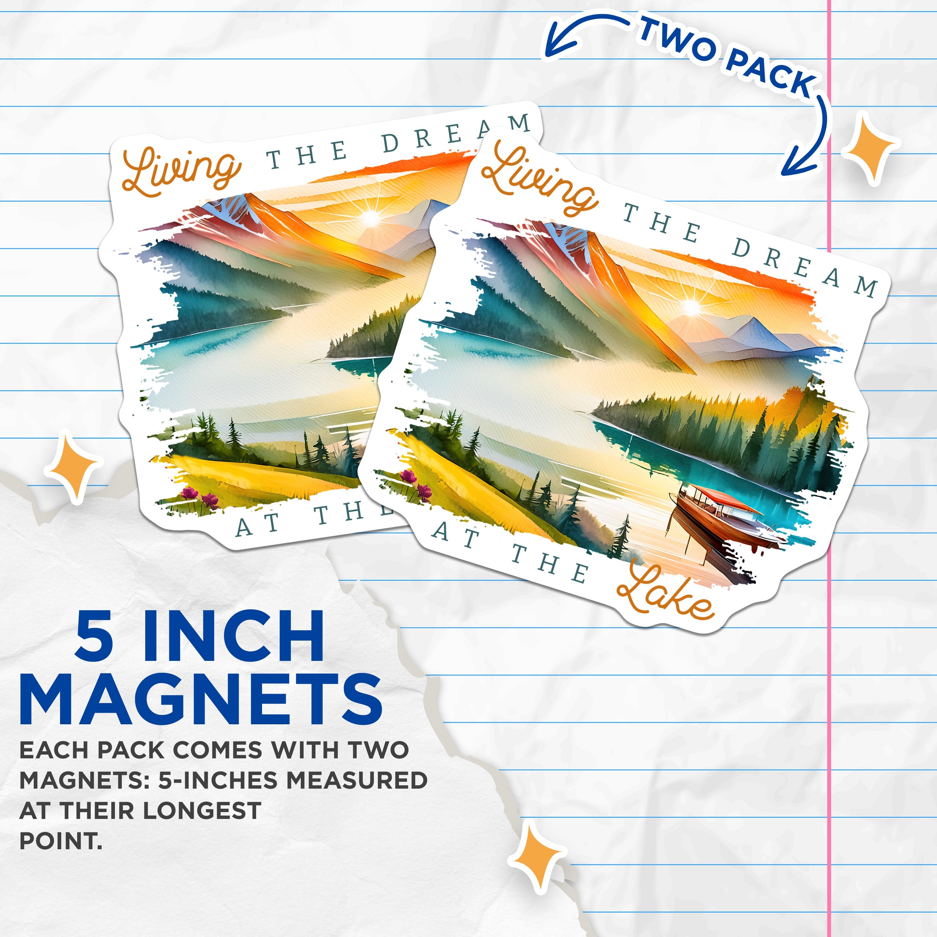 (2 Pack) Lake Life Magnets - Mountain Landscape Art - Nature Lover Decor - Sunset View - Cabin Fridge Accents - 5 Inches On Longest Side - Thick Durable Magnet - Made in USA - MAG38186