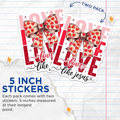 (2 Pack) Love Like Jesus Stickers - Heart Bow Scripture Stickers - Religious Inspirational Stickers - 5" On Longest Side - Sticks to Any Smooth Flat Surface - Made in USA - BMCS3557