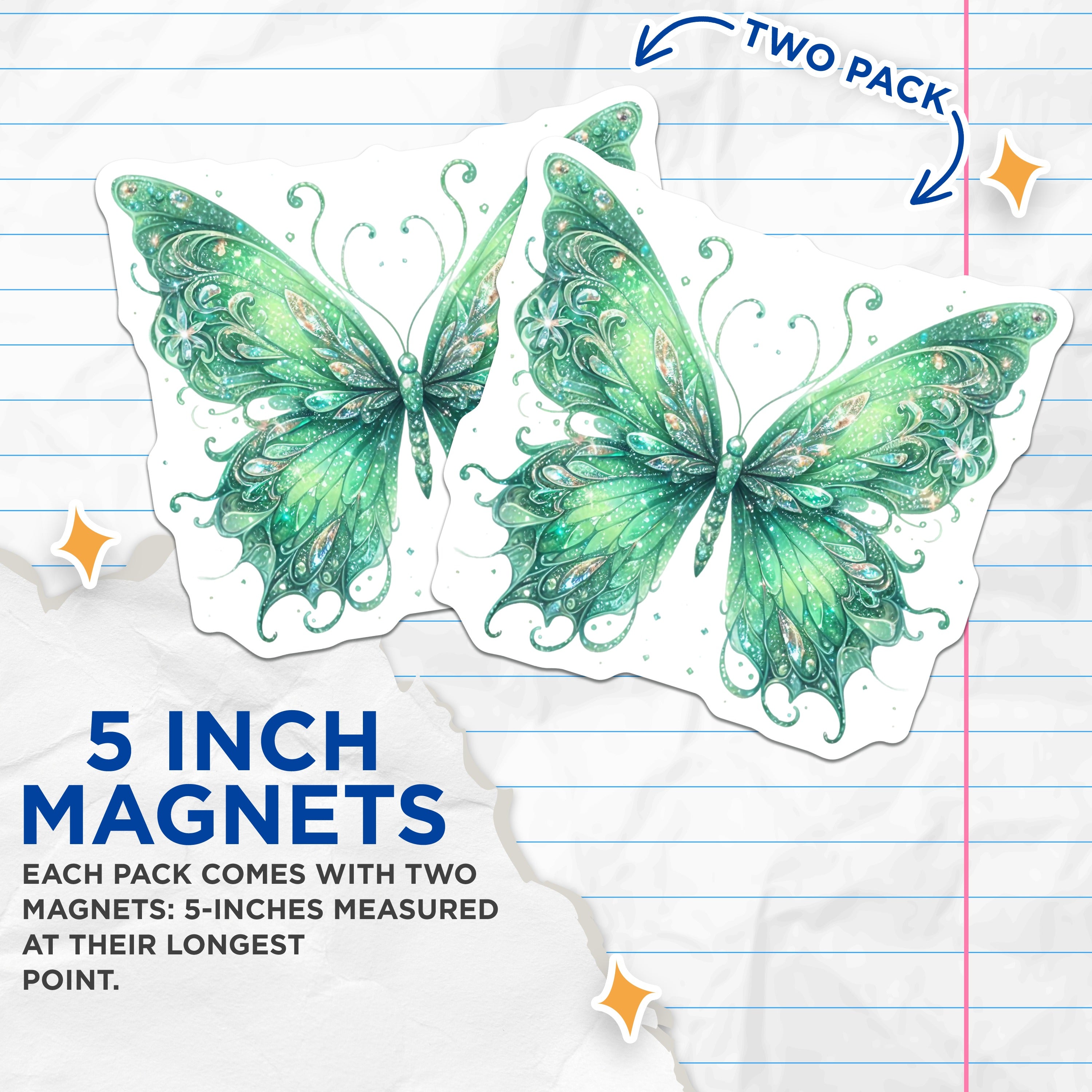 (2 Pack) Green Butterfly Magnets - Sparkly Fairycore Decor - Refrigerator Locker Office Accent - 5 Inches On Longest Side - Thick Durable Magnet - Made in USA - MAG39640