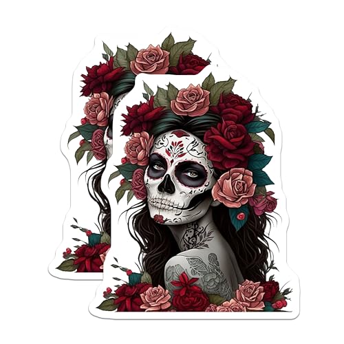 (2 Pack) Sugar Skull Woman Stickers - Day of The Dead Art - Floral Skull Tattoo - 5" On Longest Side - Sticks to Smooth Flat Surfaces - Made in USA - BMCS9201 - BMCS9201