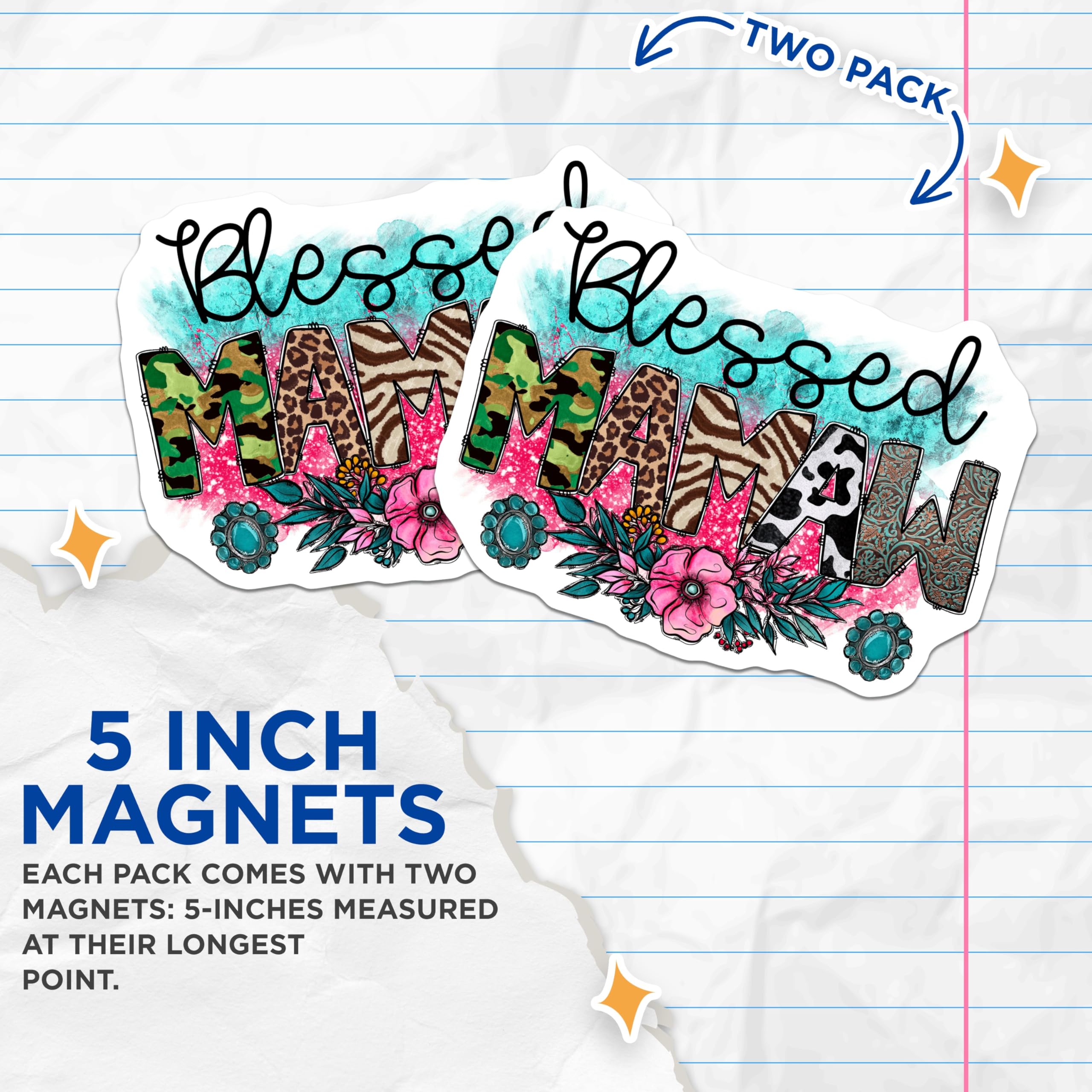 (2 Pack) Blessed Mama Magnets - Western Boho Mama Refrigerator Decor - Country Style Mom Accessory - Animal Print Mother Art - 5 Inches On Longest Side - Thick Durable Magnet - Made in USA - MAG29798