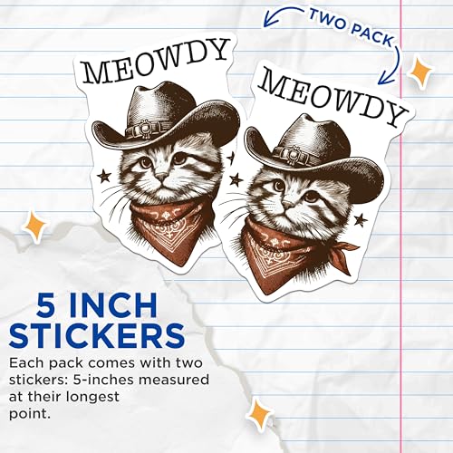 (2 Pack) Meowdy Cat with Cowboy Hat Stickers - Western Themed Cat - Cute Cat with Bandana - 5" On Longest Side - Sticks to Smooth Flat Surfaces - Made in USA - BMCS6000