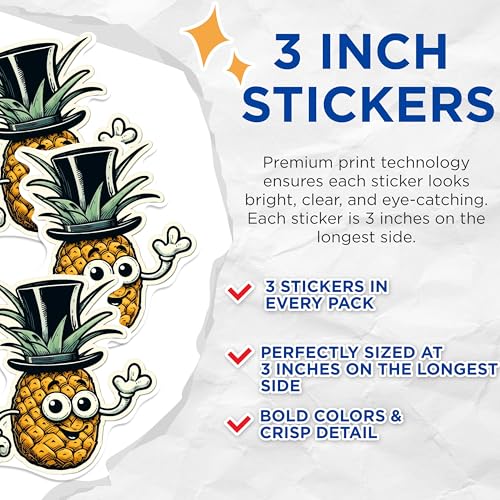 (3 Pack) Pineapple Decals - Cartoon Fruit Stickers - Laptop Decoration - 3 Inches On Longest Side - Easy Peel & Apply - Made in USA - 3MCS0985