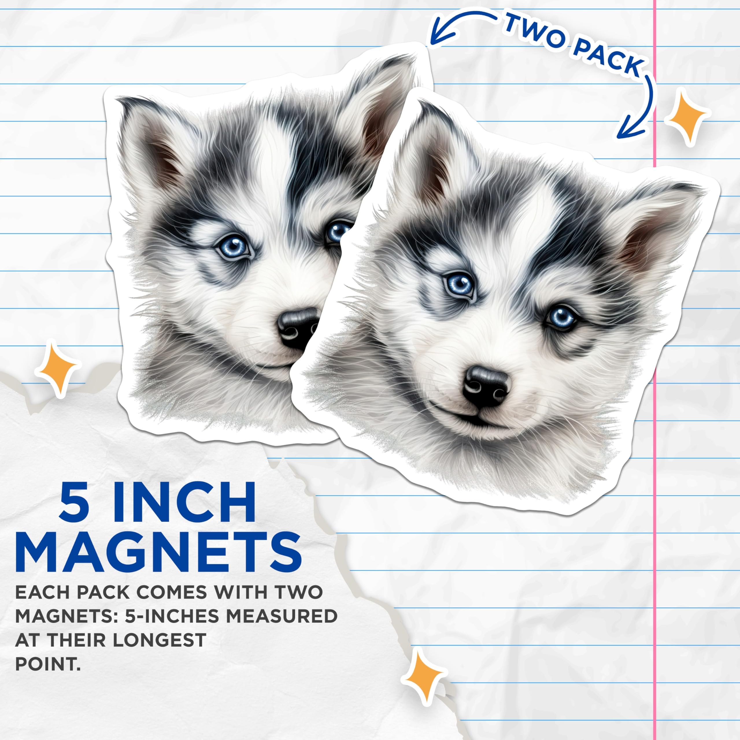 (2 Pack) Siberian Husky Puppy Magnets - Blue Eyed Dog Fridge Decor - Cute Animal Lover Kitchen Display - 5 Inches On Longest Side - Thick Durable Magnet - Made in USA - MAG26393