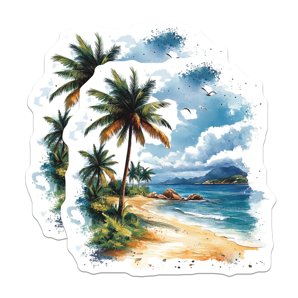 (2 Pack) Tropical Beach Magnets - Watercolor Ocean View - Palm Tree Scene Decor - 5 Inches On Longest Side - Thick Durable Magnet - Made in USA - MAG27602